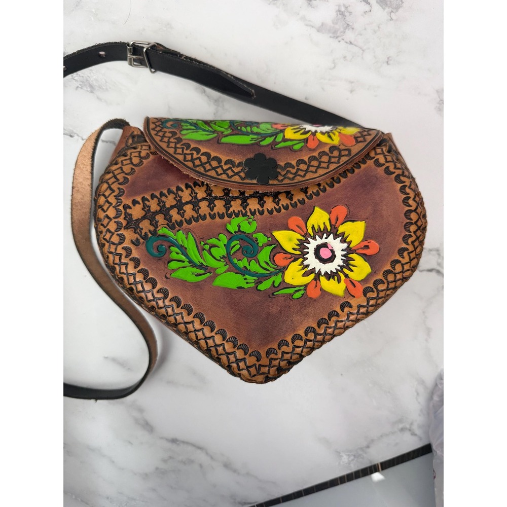 Artesanal Hand Crafted Embossed Leather Floral Painted Design Crossbody Bag